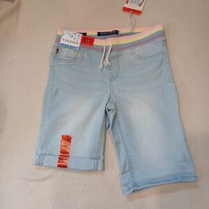 Vigoss Kids 9-10(Med) Light Blue Denim Jean Shorts with Pastel Stripe Waistband